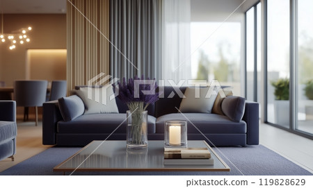 Stylish Modern Living Room with Soft Lighting and Floral Decor Stylish Modern Living Room with Soft Lighting and Floral Decor 119828629