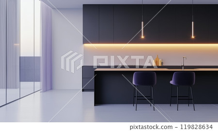 Elegant Modern Kitchen with Soft Lighting and Minimalist Decor Elegant Modern Kitchen with Soft Lighting and Minimalist Decor 119828634