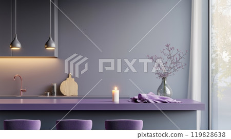 Modern Minimalist Kitchen with Purple Bar Stools and Pendant Lighting Modern Minimalist Kitchen with Purple Bar Stools and Pendant Lighting 119828638