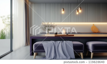 Modern Minimalist Kitchen with Elegant Lighting and Cozy Seating Modern Minimalist Kitchen with Elegant Lighting and Cozy Seating 119828640