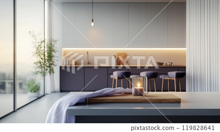 Modern Minimalist Kitchen with Elegant Lighting and Cozy Seating 119828641