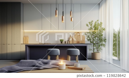 Modern Minimalist Kitchen with Elegant Lighting and Cozy Seating Modern Minimalist Kitchen with Elegant Lighting and Cozy Seating 119828642