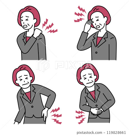 Set of middle-aged woman in a suit suffering from stiff shoulders, headache, back pain, and stomachache Set of middle-aged woman in a suit suffering from stiff shoulders, headache, back pain, and stomachache 119828661
