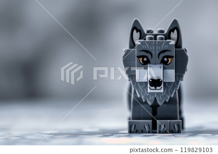 Stylized Grey Wolf Toy Figure from plastic building set on gray background 119829103