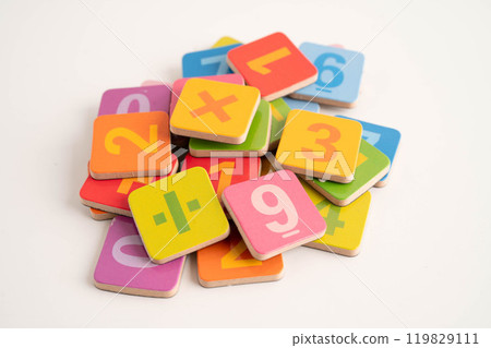 Number wood block cubes for learning Mathematic, education math concept. 119829111