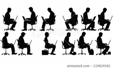 Silhouette illustration icon of a person sitting in a chair and working on a PC Silhouette illustration icon of a person sitting in a chair and working on a PC 119829382
