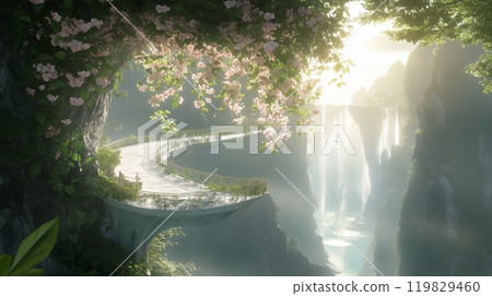 Fantasy illustration of nature, city, fictional world. 119829460