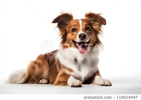 This joyful dog, with fluffy brown and white fur, is lying down on a plain white background. Its bright eyes and wide smile bring out its playful and energetic nature. 119829497