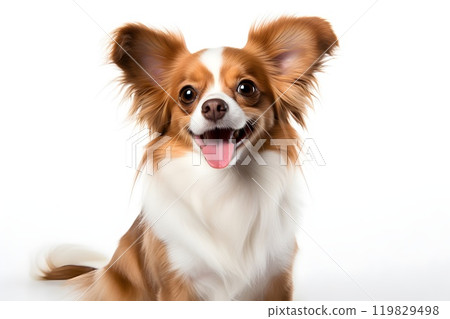 This joyful dog, with fluffy brown and white fur, is lying down on a plain white background. Its bright eyes and wide smile bring out its playful and energetic nature. 119829498