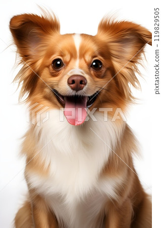 This joyful dog, with fluffy brown and white fur, is lying down on a plain white background. Its bright eyes and wide smile bring out its playful and energetic nature. 119829505