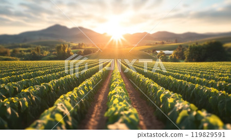 Landscape agriculture. Large fields with plants 119829591