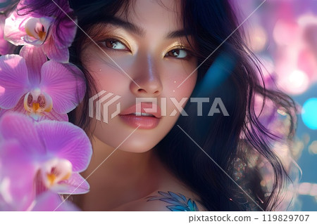 A captivating portrait of a woman with flowing dark hair, orange flowers, and intricate tattoos, all set against a vibrant purple background. A captivating portrait of a woman with flowing dark hair, orange flowers, and intricate tattoos, all set against a vibrant purple background. 119829707