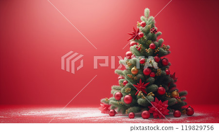 Christmas tree with red ornaments stands on red background, with gifts, decorations. Generative AI 119829756