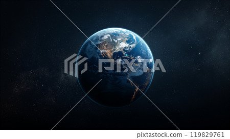 View of Earth from space highlighting vibrant blue atmosphere on dark background. Generative AI 119829761