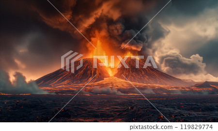 Swirling ash particles above a vibrant volcanic landscape during an eruption. Generative AI 119829774