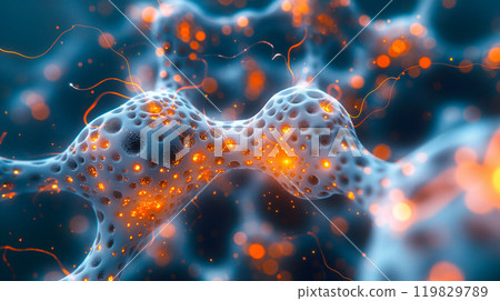 Detailed View of Sci-Fi Network of Interconnected Nodes and Glowing Orbs. Generative AI 119829789