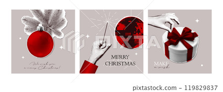 Christmas and New Year halftone collage cards set. Cut out of magazine various shapes, New Year clipping paper stickers - balls, hands, gift box. Modern retro grunge vector illustration 119829837
