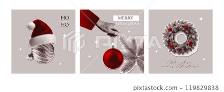Christmas halftone collage cards, square covers templates set. Cut out of magazine shapes, clipping paper stickers, greeting words. Modern retro vector illustration 119829838