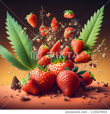 A surreal floating mix of strawberries, bananas, leafy greens, grains, and seeds in a vibrant composition. The contrasting textures of fruits and leaves create a fresh, organic look 119829903
