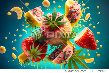 A surreal floating mix of strawberries, bananas, leafy greens, grains, and seeds in a vibrant composition. The contrasting textures of fruits and leaves create a fresh, organic look 119829905