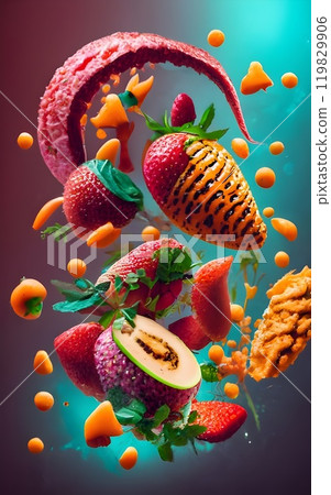A surreal floating mix of strawberries, bananas, leafy greens, grains, and seeds in a vibrant composition. The contrasting textures of fruits and leaves create a fresh, organic look A surreal floating mix of strawberries, bananas, leafy greens, grains, and seeds in a vibrant composition. The contrasting textures of fruits and leaves create a fresh, organic look 119829906