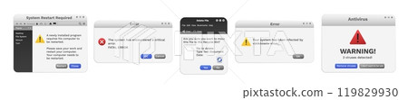Error pop-up window with virus warning message. System notification to restart. Error pop-up window with virus warning message. System notification to restart. 119829930