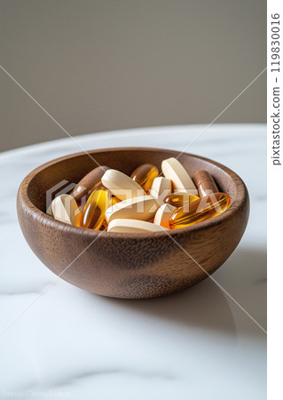 Wooden bowl full of different pills and capsules on marble table. Vitamins and minerals, superfood, dietic supplements, healthy diet. Medicine, healthcare, pharmaceuticals, health and wellness 119830016