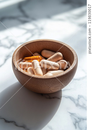 Wooden bowl full of different pills and capsules on marble table. Vitamins and minerals, superfood, dietic supplements, healthy diet. Medicine, healthcare, pharmaceuticals, health and wellness Wooden bowl full of different pills and capsules on marble table. Vitamins and minerals, superfood, dietic supplements, healthy diet. Medicine, healthcare, pharmaceuticals, health and wellness 119830017