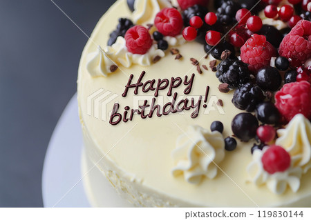 Birthday cake with happy birthday lettering, top view. Celebration party, birthday greeting card. B-day sweet cake 119830144