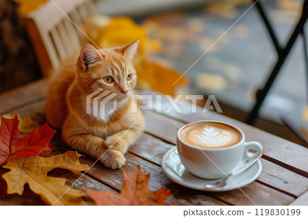 A ginger cat sits at the table in a coffee shop outdoors. Hot cappuccino in a cup. Autumn morning breakfast in cafe. Fall season mood, autumn hygge A ginger cat sits at the table in a coffee shop outdoors. Hot cappuccino in a cup. Autumn morning breakfast in cafe. Fall season mood, autumn hygge 119830199