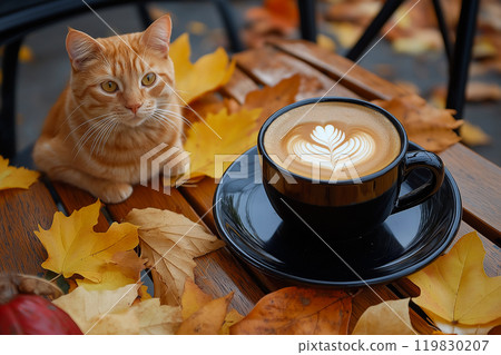 A ginger cat sits at the table in a coffee shop outdoors. Hot cappuccino in a cup. Autumn morning breakfast in cafe. Fall season mood, autumn hygge A ginger cat sits at the table in a coffee shop outdoors. Hot cappuccino in a cup. Autumn morning breakfast in cafe. Fall season mood, autumn hygge 119830207