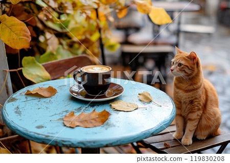 A ginger cat sits at the table in a coffee shop outdoors. Hot cappuccino in a cup. Autumn morning breakfast in cafe. Fall season mood, autumn hygge 119830208