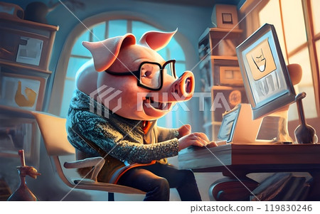 A joyful cartoon pig is seated at a wooden desk with a retro computer, grinning as he interacts with the screen. The scene has a whimsical and fun atmosphere. 119830246
