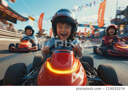 Kids go-karting with joy. Close-up of child smiling widely under helmet, while riding kart, leading pack on fun-filled day. 119830254