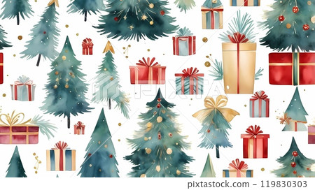 watercolor Christmas tree with gifts and lights. new year mood. background 119830303