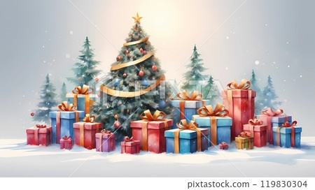 watercolor Christmas tree with gifts and lights. new year mood. background 119830304