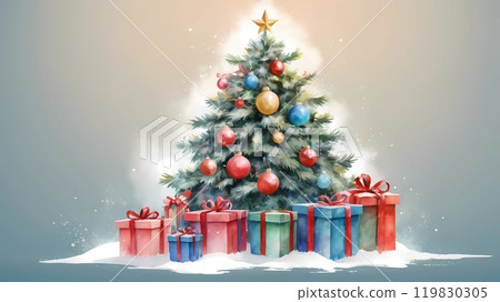 watercolor Christmas tree with gifts and lights. new year mood. background 119830305
