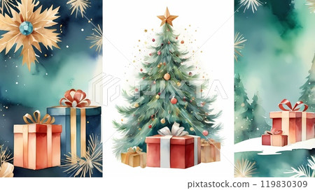 watercolor Christmas tree with gifts and lights. new year mood. background 119830309