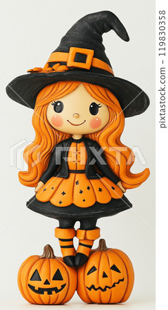 Whimsical Halloween girl in costume on white background 119830358