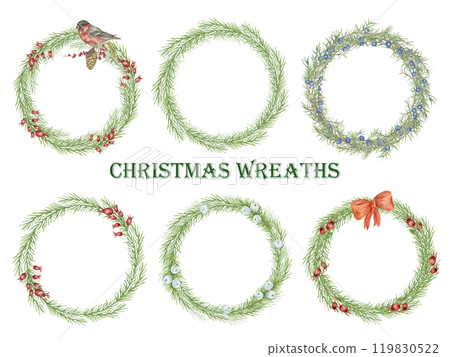 Collection of festive Christmas wreaths watercolor illustrations on a white background, handmade, ideal for decorating Christmas cards, tableware, invitations, banners, textile design. Collection of festive Christmas wreaths watercolor illustrations on a white background, handmade, ideal for decorating Christmas cards, tableware, invitations, banners, textile design. 119830522