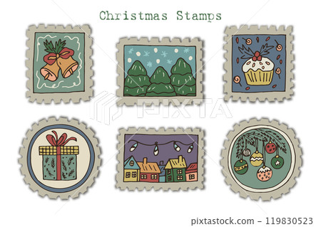 A festive collection of hand-drawn Christmas colored postage stamps, envelope stickers and postcards with Christmas trees, gifts, houses and festive decor. 119830523