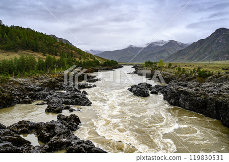 view of the Katun river and rapids Teldekpen have Oroktoysky bridge view of the Katun river and rapids Teldekpen have Oroktoysky bridge 119830531