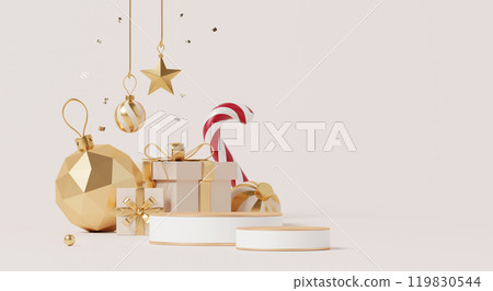3D render, Merry Christmas background decorate with ornament ball, gift boxes and empty display podium for showing product. 119830544