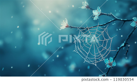 A delicate spider web is gently hanging from a sturdy tree branch, copy space 119830554