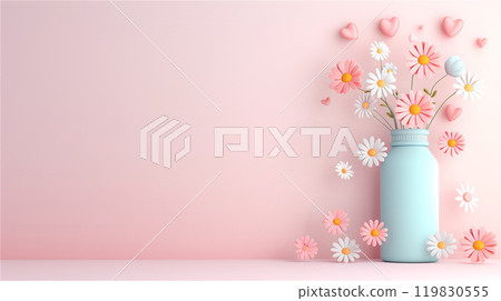 A blue vase with pink and white flowers on a pink background, copy space 119830555
