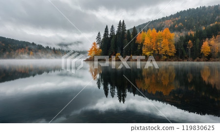 Fog in nature. A misty forest in autumn with a mix of evergreen and yellow-orange deciduous trees 119830625