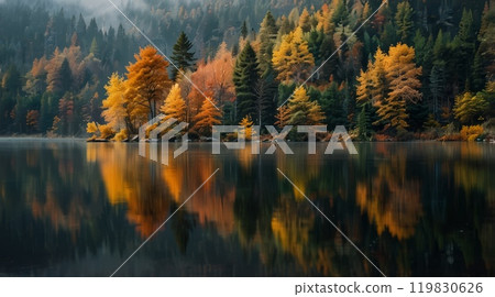 Fog in nature. A misty forest in autumn with a mix of evergreen and yellow-orange deciduous trees 119830626