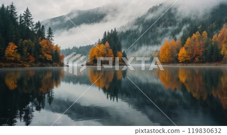 Fog in nature. A misty forest in autumn with a mix of evergreen and yellow-orange deciduous trees 119830632