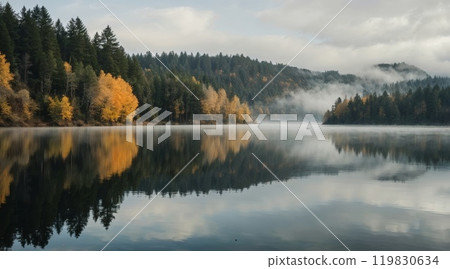 Fog in nature. A misty forest in autumn with a mix of evergreen and yellow-orange deciduous trees Fog in nature. A misty forest in autumn with a mix of evergreen and yellow-orange deciduous trees 119830634