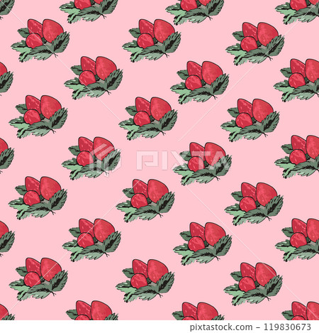 Seamless pattern with hand drawn strawberries with leaves on pink background, background with pink berries, strawberry abstract hand drawn seamless pattern for typography, textile or packaging design 119830673